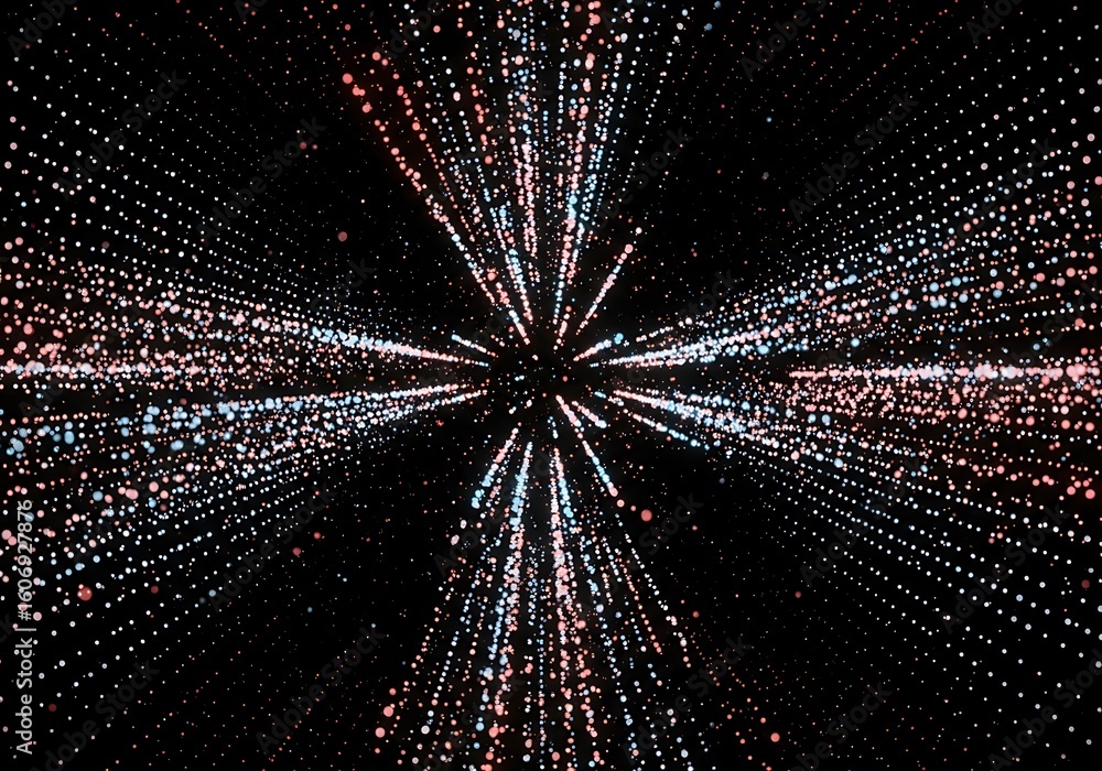 Poster abstract background with glowing particle lines and a central point of convergence, creating a