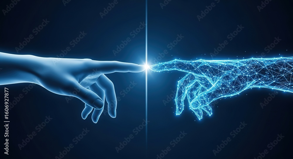 Poster human and digital hands connecting in a futuristic display of technology and creation