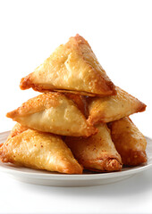 A pile of crispy golden samosas stacked on a white plate, isolated on white background.