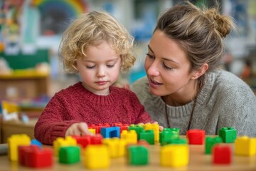 A kindergarten teacher helping a child with puzzles, both focusing on building blocks together in a playful and educational setting.