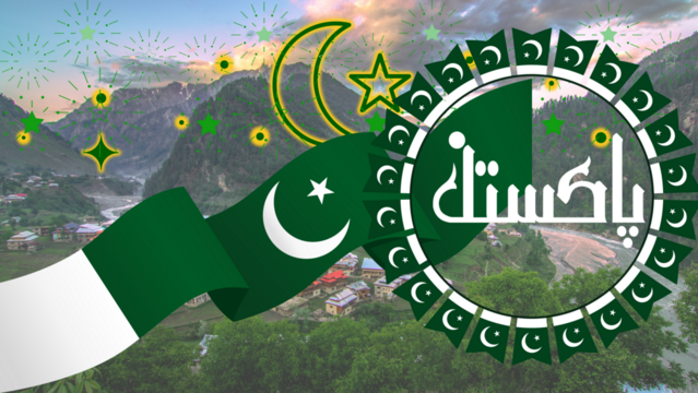 Pakistan Flag, Happy national day of Pakistan 14th August, Independence Day of Pakistan. Jashan e Azadi Mubarak Urdu Calligraphy illustration on green background
 - Powered by Adobe