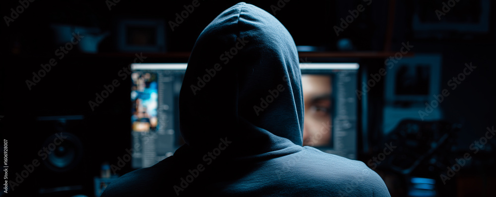 Aufkleber person in hoodie focuses on editing content on a large computer screen in a dimly lit environment du