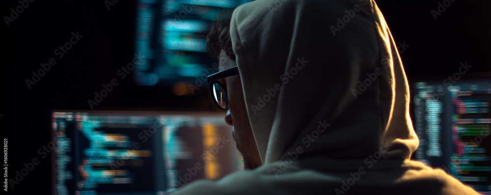 Aufkleber person in hoodie focuses on editing code during nighttime in a dimly lit workspace with large screen