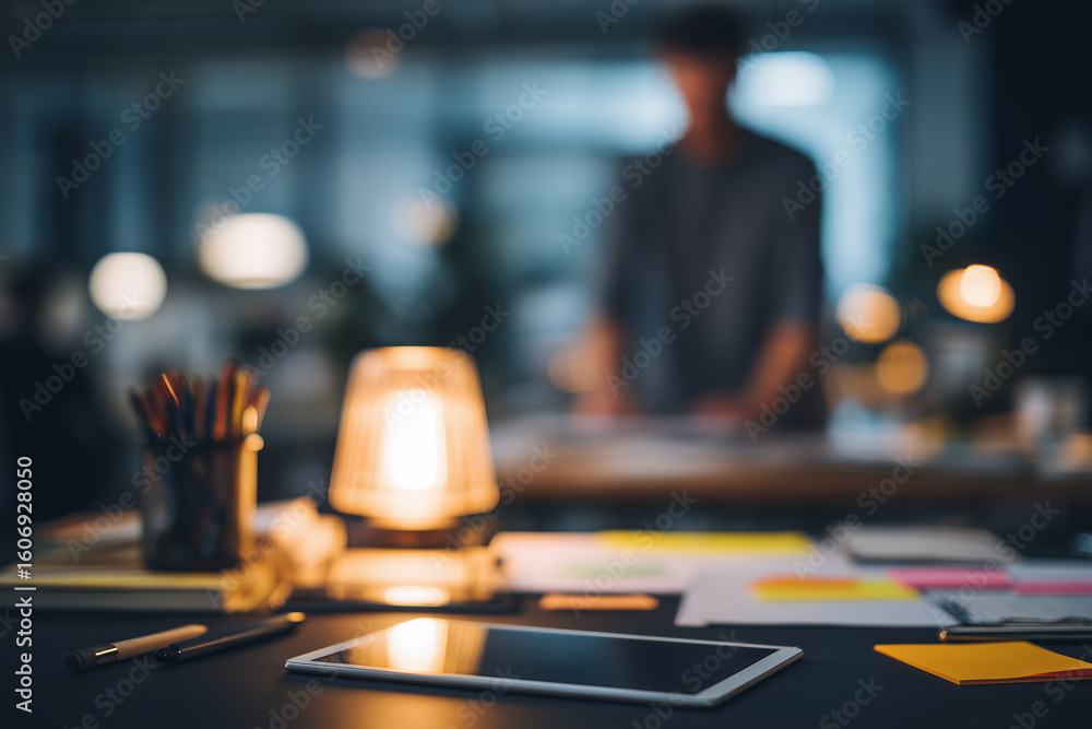 Poster coworker passing behind a desk setup in a modern workspace with warm lighting and organized material