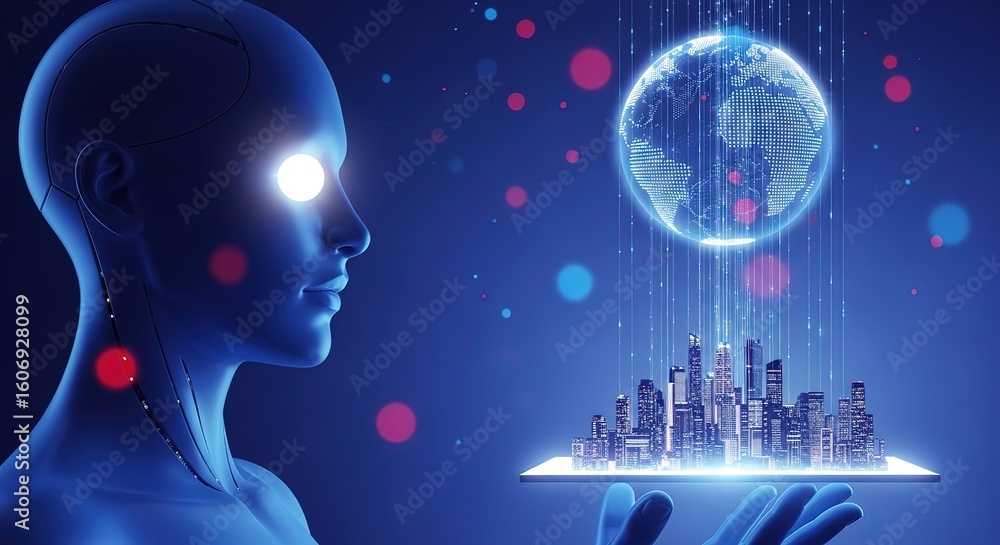 Poster artificial intelligence oversees futuristic cityscape with glowing neural network globe