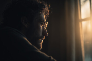 Man contemplating by office window during sunset while deep in thought