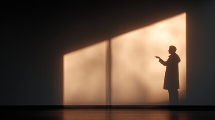 Obraz premium Shadow of a person gesturing towards light on a wall in a dimly lit space during early evening hours