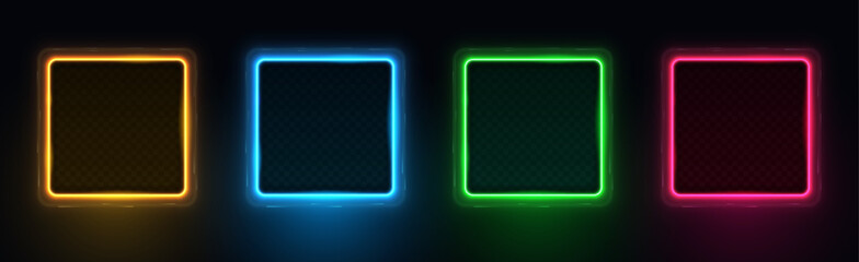 Collection of neon glowing square frames. Glowing frame with inner shadow. Orange, blue, green and red led fluorescent lasers isolated on black background. Vector illustration.