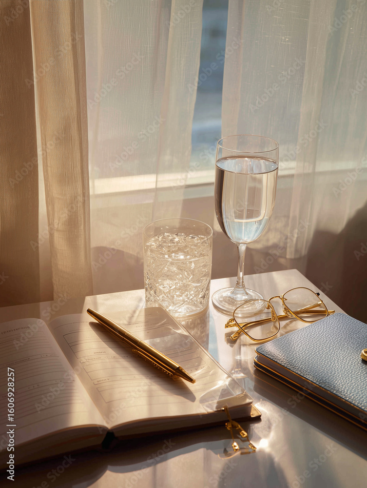 Poster elegant desk setup by window with sheer curtains allowing soft light in during a peaceful afternoon