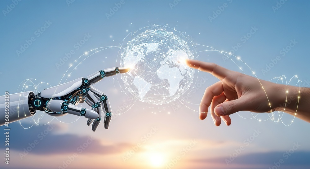 Poster human and robot hands reaching towards a glowing digital globe symbolizing connection and artificial