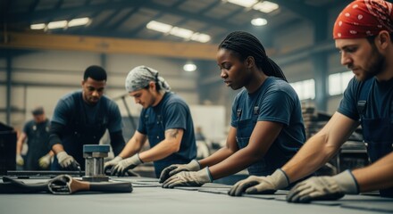 Laborers handling materials and tools on industrial factory floor.