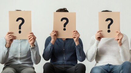 Three businessmen are sitting and holding cardboard signs with question marks in front of their faces, expressing doubt, uncertainty, and the need for answers in a business context