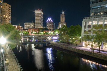Providence, Rhode Island City Skyline at night along the Providence river