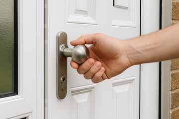 Generative AI: front door. hand holds doorknob on front door PVC
