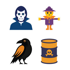 Obraz premium Halloween icons vampire scarecrow crow and toxic barrel