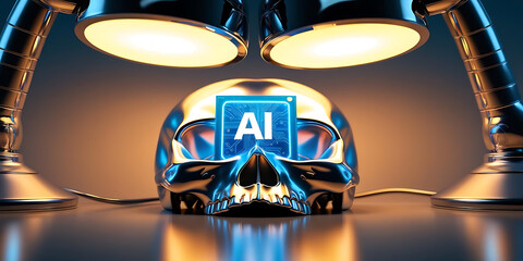 Chrome Skull with AI Chip Under Dramatic Light