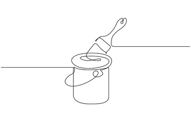 Continuous line drawing of paint can and brush vector illustration. Editable outline