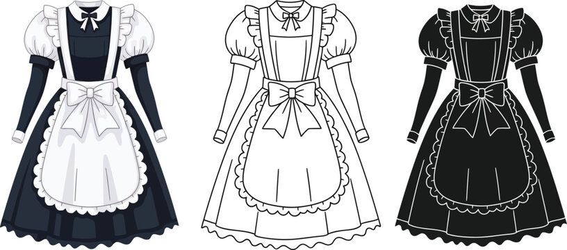 Maid costume vector illustration, anime maid dress, french maid outfit, cosplay maid uniform