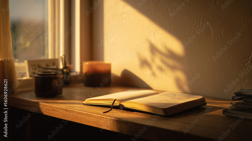 Poster closed notebook resting on a wooden desk illuminated by warm light from the window in a cozy workspa