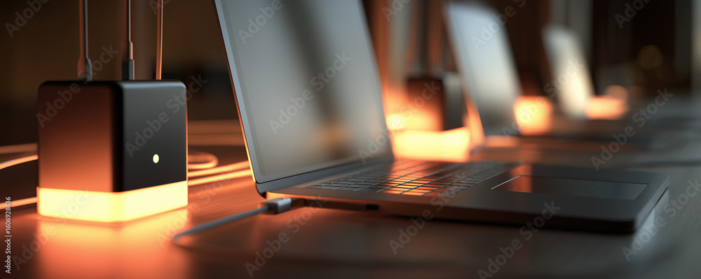 Poster devices charge on clean desk with subtle glow during evening in modern workspace setting