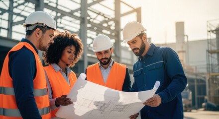 Team analyzing industrial building progress on site