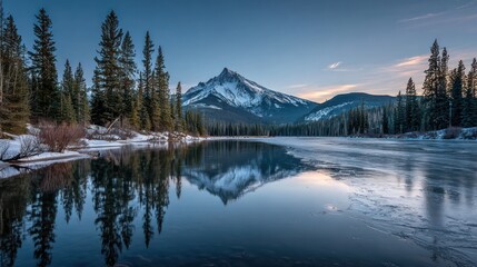 Fototapeta premium Serene mountain peak with snowy slopes reflected in a calm lake. Surrounded by evergreens under a twilight sky
