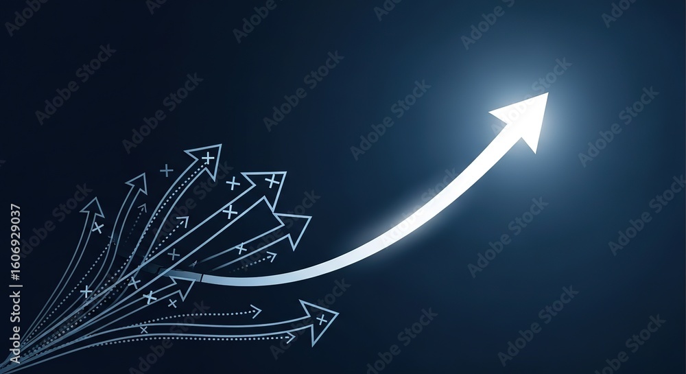 Poster multiple pathways converge to a single bright arrow symbolizing success and forward momentum