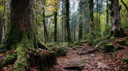 Fototapeta premium Lush forest scene with path, mossy trees, and autumn colors