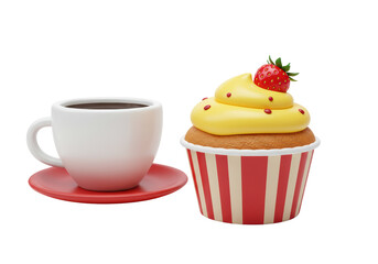 Isolated Morning Coffee with Strawberry Frosted Cupcake Treat