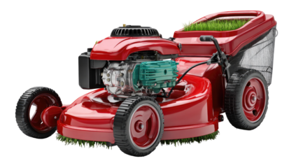 Red lawnmower with grass clippings