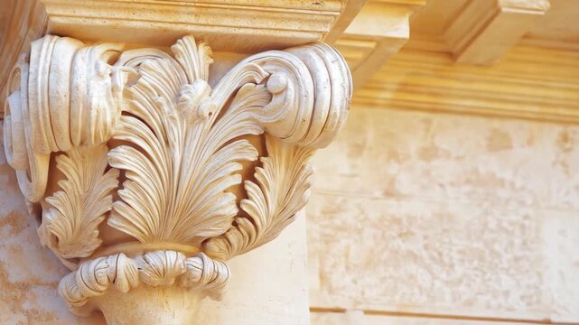 Ornate stone corbel with spiral and leaf details, bathed in sunlight