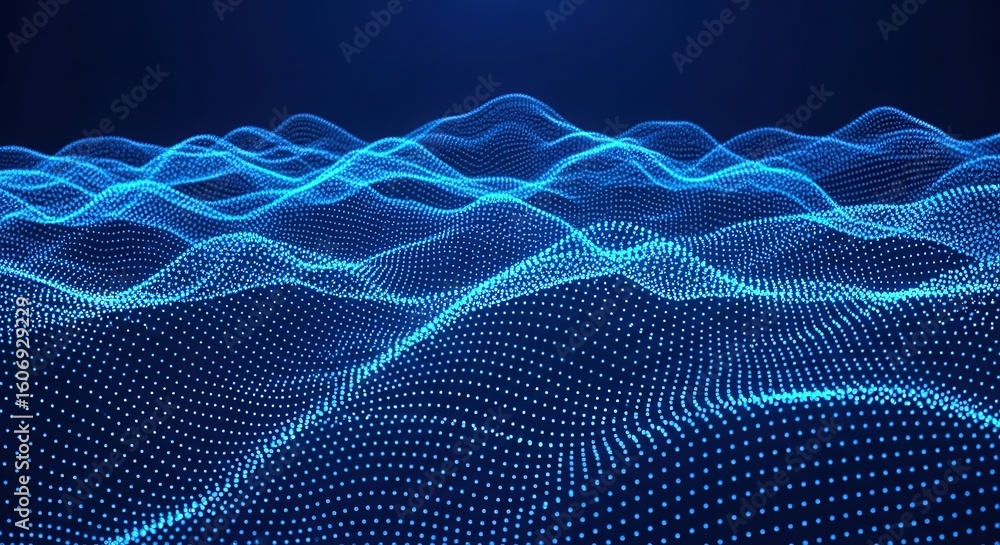 Poster abstract glowing blue digital landscape with undulating waves and intricate particle patterns creati