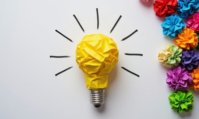 Yellow origami lightbulb with radiating lines and colorful paper flowers on white background