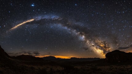 Night sky panorama of milky way over desert landscape