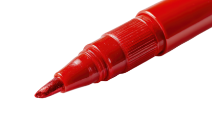 Close-up of a red marker tip.  The tip is pointed, and the marker body is a solid red color.  The cap has a textured design