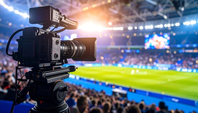 Professional camera filming a soccer game in a stadium