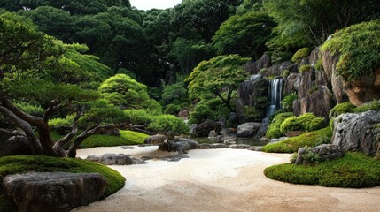 Lush, serene garden with sand, trees, and a waterfall cascading over rocks. Beautiful, natural setting