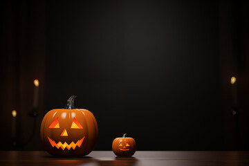 Wooden table mockup with spooky pumpkin

