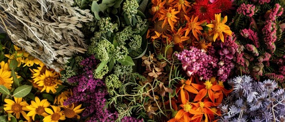 Medicinal Plants with Healing Properties close up of various medicinal therapy ingredient for health.