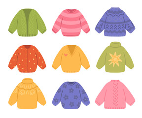 Cute warm autumn sweaters with different prints. Bright hand-drawn illustrations of cozy knitted cardigans. Vector design elements on white background.