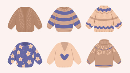 Cute warm autumn sweaters. Bright hand-drawn illustrations of cozy knitted cardigans. Vector design elements.