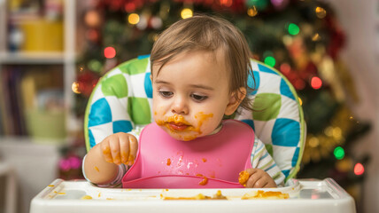 Fototapeta premium A close-up photograph of a young caucasian child in a high chair with a colorful geometric patterned cushion in blue, green, and white.