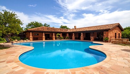 Outdoor pool with rustic-style building