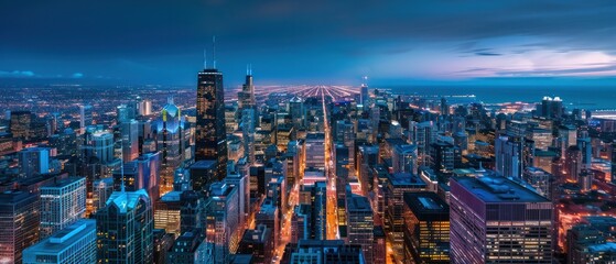 Fototapeta premium cityscape illuminated top view drone shot in hight time glowing shine light street line modern urban downtown skyline landscape.