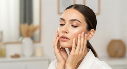 Beautiful Young Woman Gentle Skincare Touching Face in Bright Modern Room