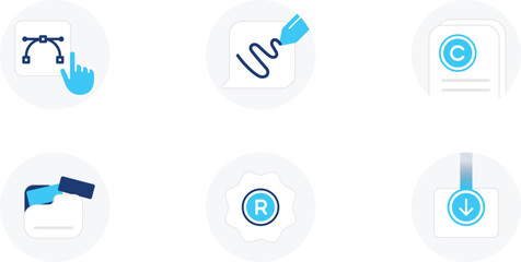 Minimal Dual-Tone Copyright and Registration Icons Set. Modern Vector Pack. Trademark, Download, Edit, Creative Pen, Folder File, Document Symbols. Legal, Business, Intellectual Property, App Workflow