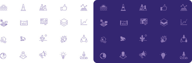 Dual Tone Modern Home and Dashboard Icons Set. UI Vector Pack with Launch, Like, People, Location, Tech. Progress Symbols for App, Web, Analytics, Dashboard Interface, Business, Digital Tools Design