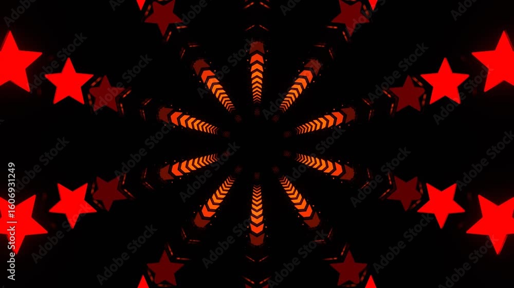 Poster abstract dark background with glowing red stars and orange radial patterns creating a futuristic tun