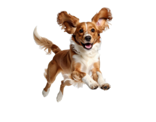 Kooikerhondje jumping and showing its tongue on transparent background