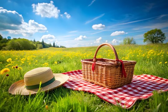 A straw hat and picnic basket rest on a checkered blanket in a sunny meadow